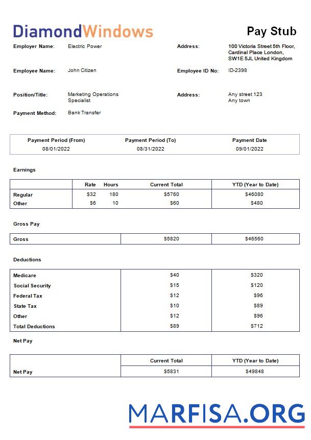 Printable Windows and door construction company payroll example